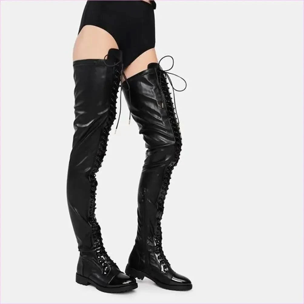 Ladies Thigh Length Lace Up Low Heel Boots - Pleasures and Sins