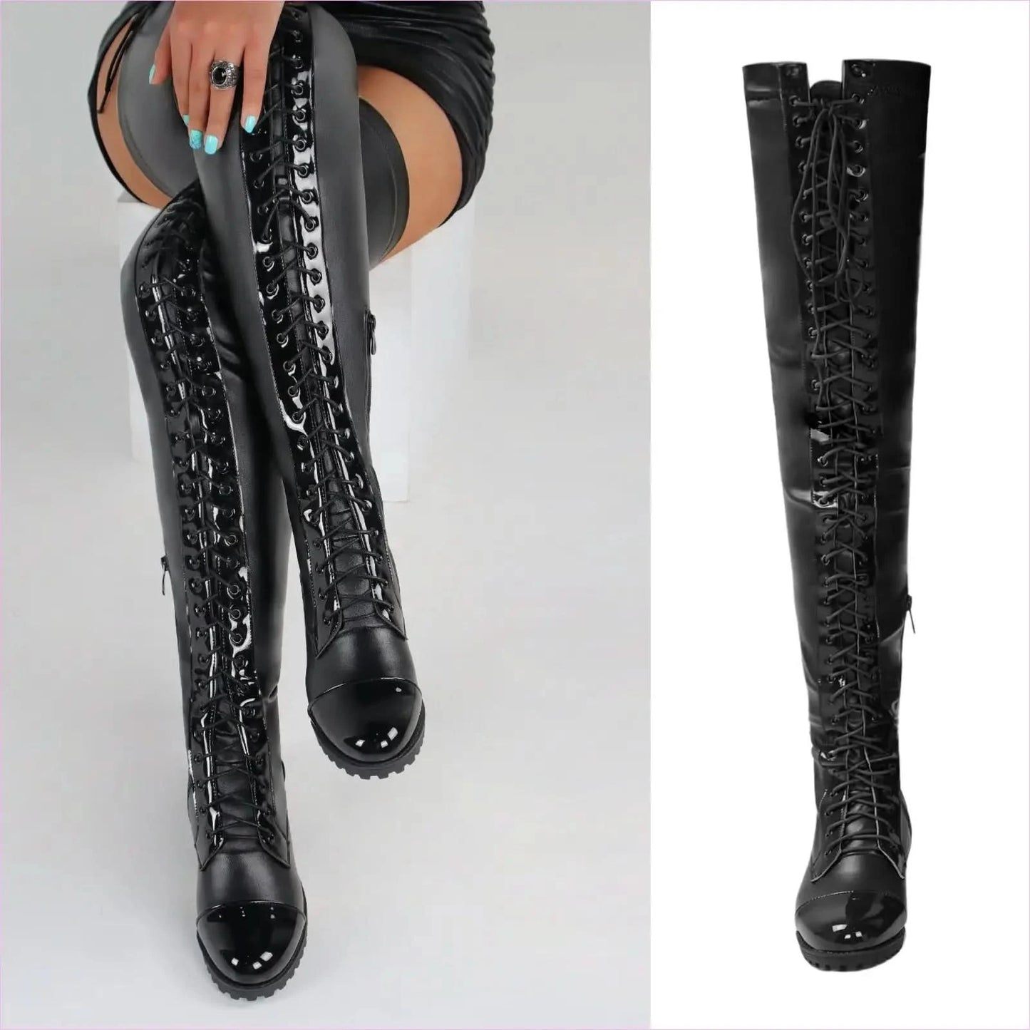 Ladies Thigh Length Lace Up Low Heel Boots - Pleasures and Sins