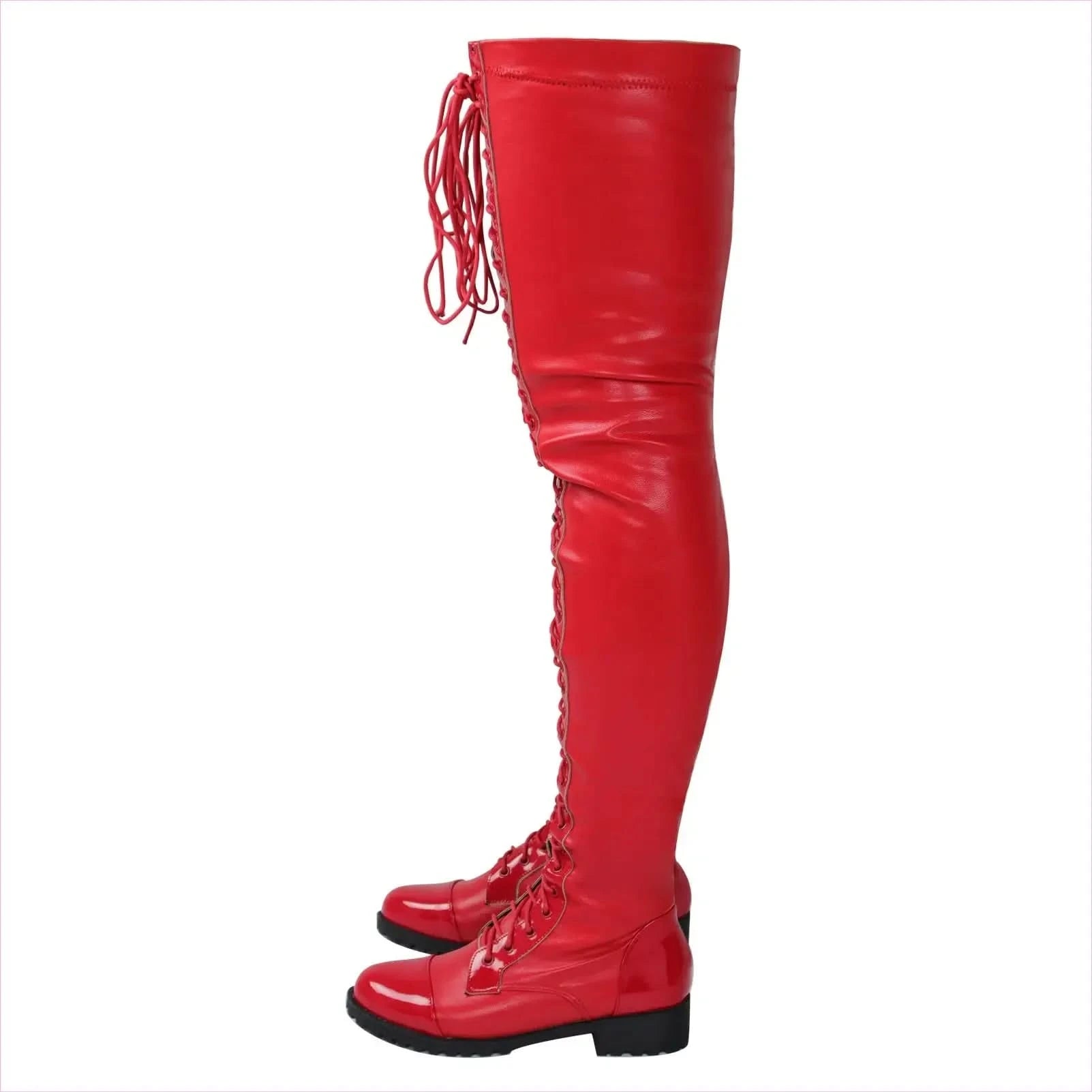 Ladies Thigh Length Lace Up Low Heel Boots - Pleasures and Sins