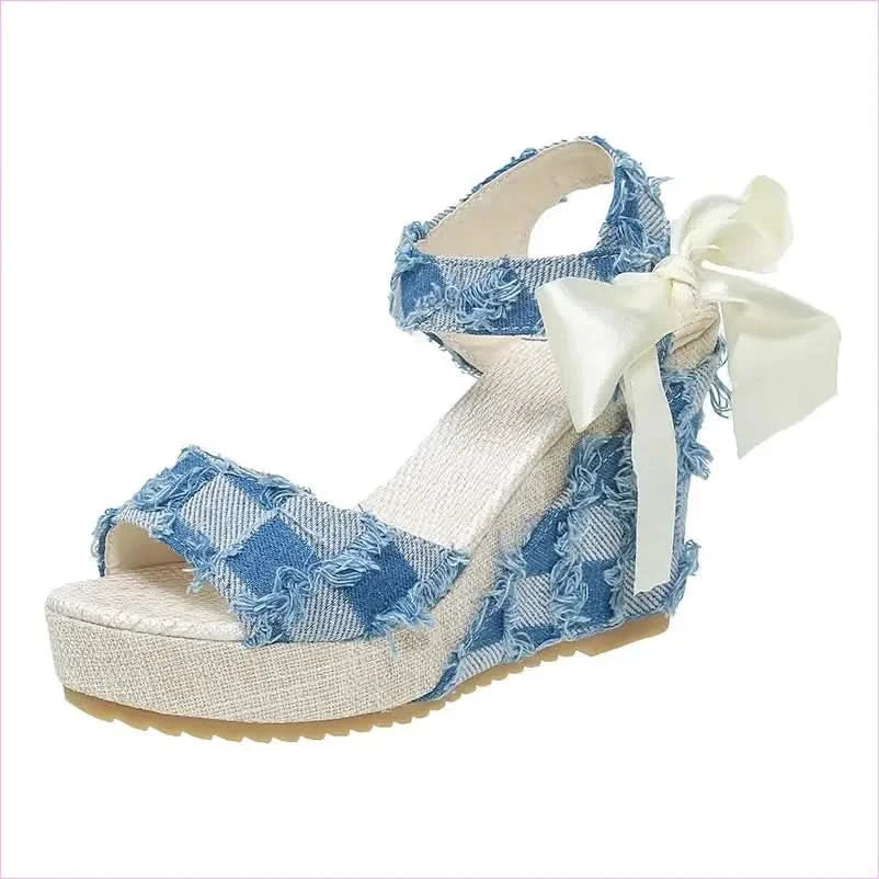 Ladies Wedge Peep Toe Bow Lace-up Denim Platform Sandals - Pleasures and Sins