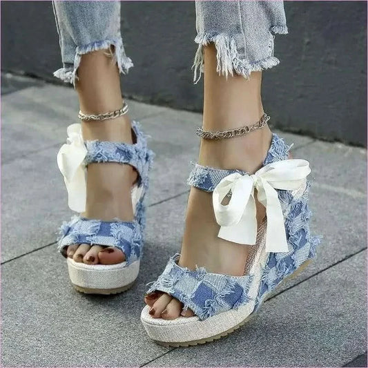 Ladies Wedge Peep Toe Bow Lace-up Denim Platform Sandals - Pleasures and Sins
