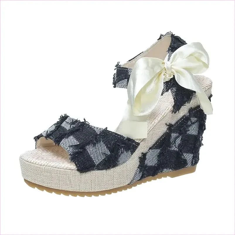 Ladies Wedge Peep Toe Bow Lace-up Denim Platform Sandals - Pleasures and Sins