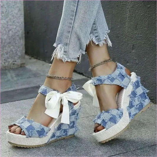 Ladies Wedge Peep Toe Bow Lace-up Denim Platform Sandals - Pleasures and Sins