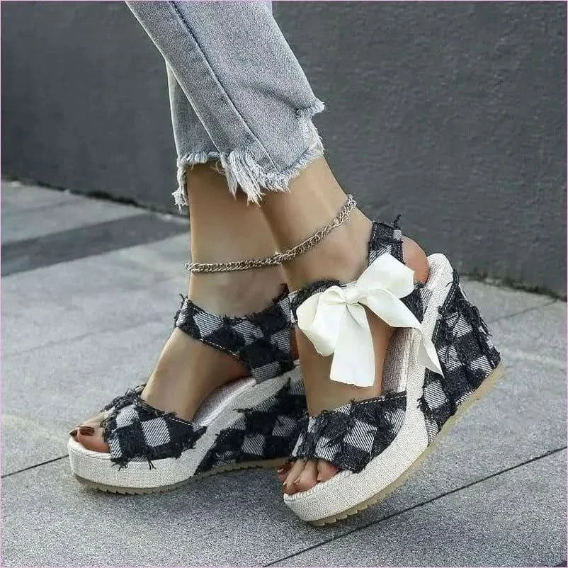 Ladies Wedge Peep Toe Bow Lace-up Denim Platform Sandals - Pleasures and Sins