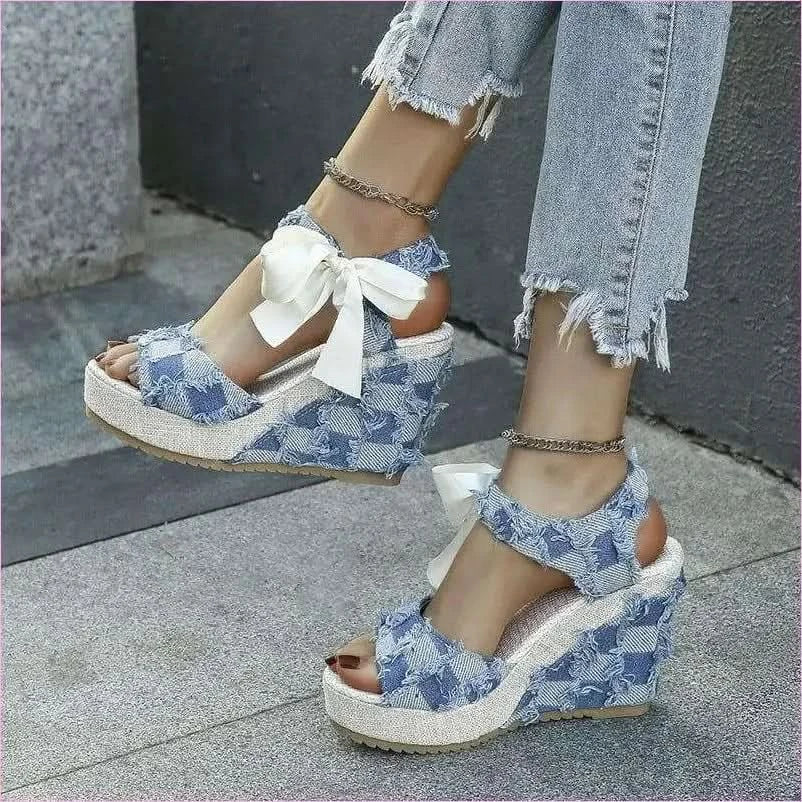 Ladies Wedge Peep Toe Bow Lace-up Denim Platform Sandals - Pleasures and Sins