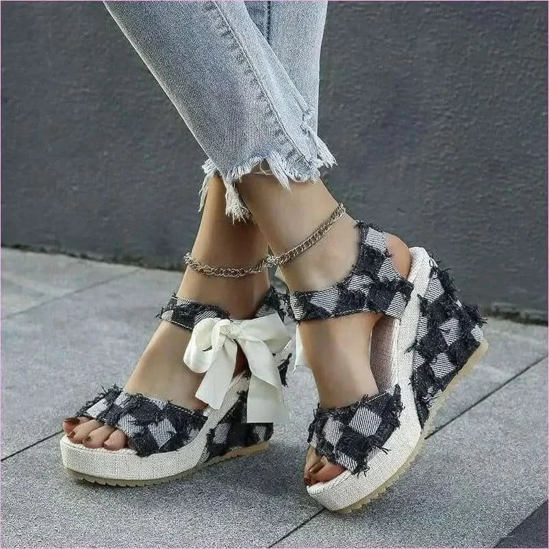 Ladies Wedge Peep Toe Bow Lace-up Denim Platform Sandals - Pleasures and Sins