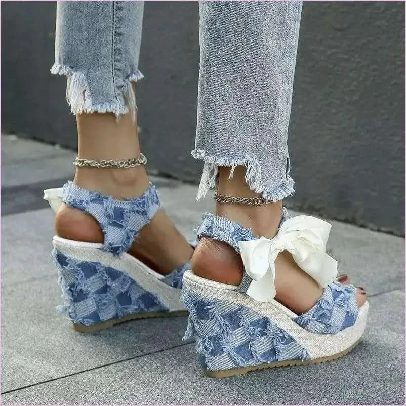 Ladies Wedge Peep Toe Bow Lace-up Denim Platform Sandals - Pleasures and Sins