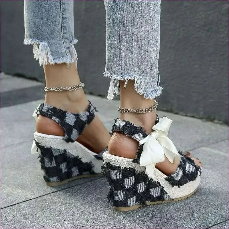 Ladies Wedge Peep Toe Bow Lace-up Denim Platform Sandals - Pleasures and Sins