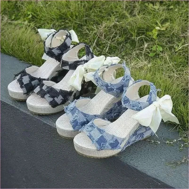 Ladies Wedge Peep Toe Bow Lace-up Denim Platform Sandals - Pleasures and Sins