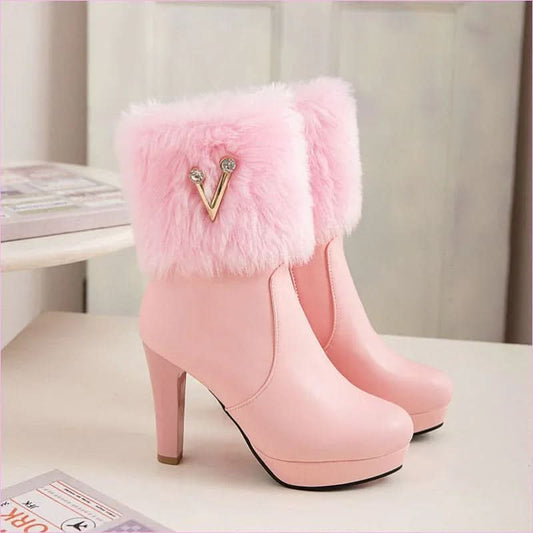 Ladies Winter Short Snow Chunky Heel Fur Booties for Stylish Comfort - Pleasures and Sins