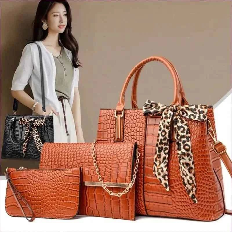 Large Capacity Crocodile Pattern Handbag Set with Wallet and Clutch - Pleasures and Sins