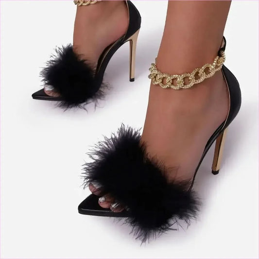Lavender Fluffy Fur Fronted High Heel Sandals with Chain Ankle Detail - Pleasures and Sins