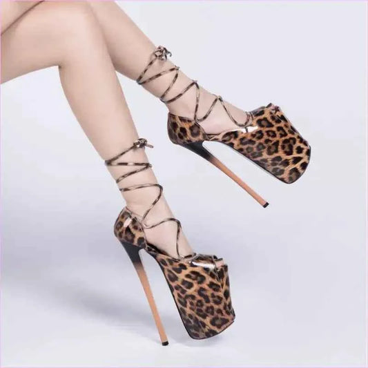 Leopard Print 22cm Stiletto Heel Ankle Tie Sandals - Pleasures and Sins