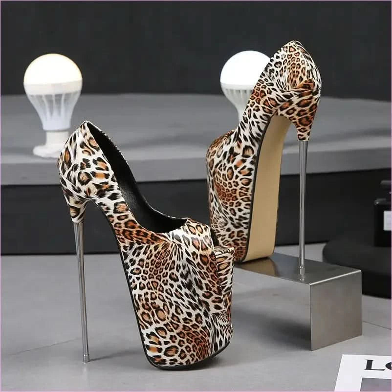 Leopard Print Fish Mouth High Metal Heel Stilettos for Bold Style - Pleasures and Sins