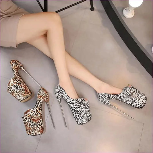 Leopard Print Fish Mouth High Metal Heel Stilettos for Bold Style - Pleasures and Sins