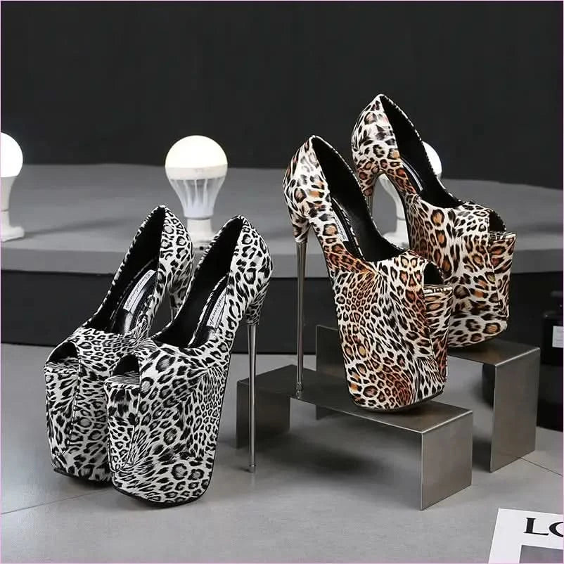 Leopard Print Fish Mouth High Metal Heel Stilettos for Bold Style - Pleasures and Sins