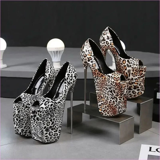 Leopard Print Fish Mouth High Metal Heel Stilettos for Bold Style - Pleasures and Sins