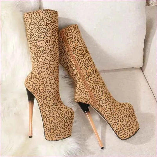 Leopard Print High Heel Knee High Stiletto Platform Boots - Pleasures and Sins