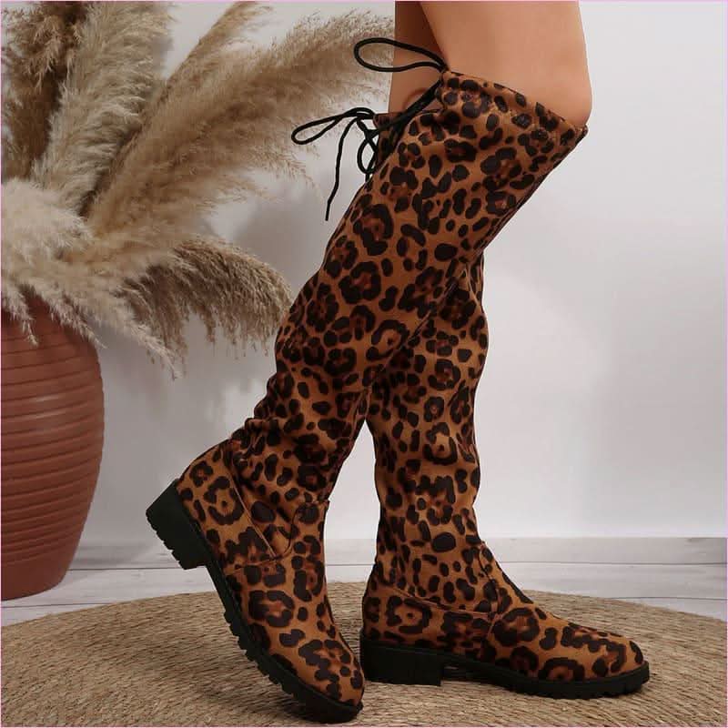 Leopard Print Over the Knee Boots with Chunky Heels - Pleasures and Sins