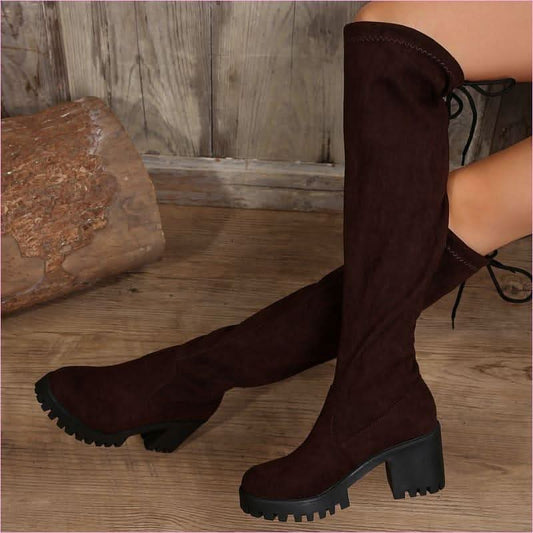 Leopard Print Over the Knee Boots with Chunky Heels - Pleasures and Sins