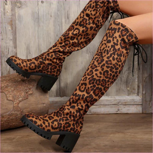 Leopard Print Over the Knee Boots with Chunky Heels - Pleasures and Sins