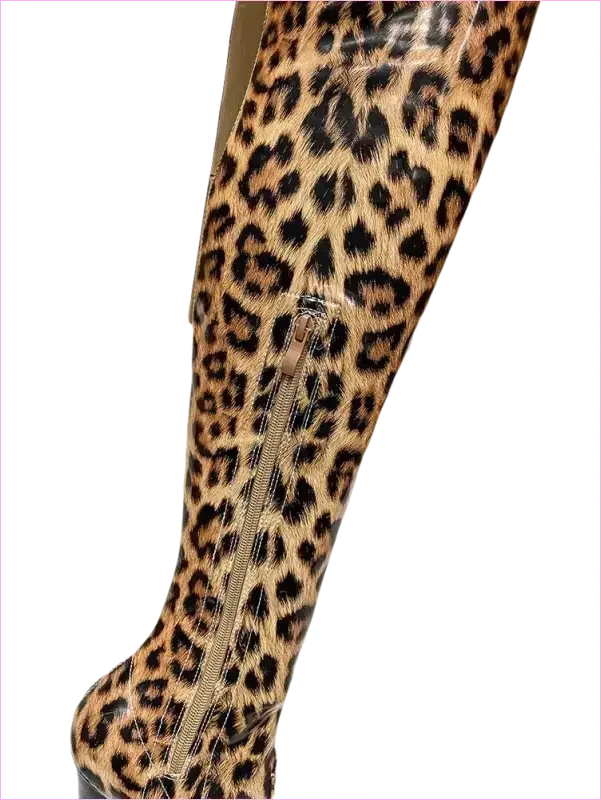 Leopard Print Patent Thigh Length Unisex Boots for Bold Styles - Pleasures and Sins