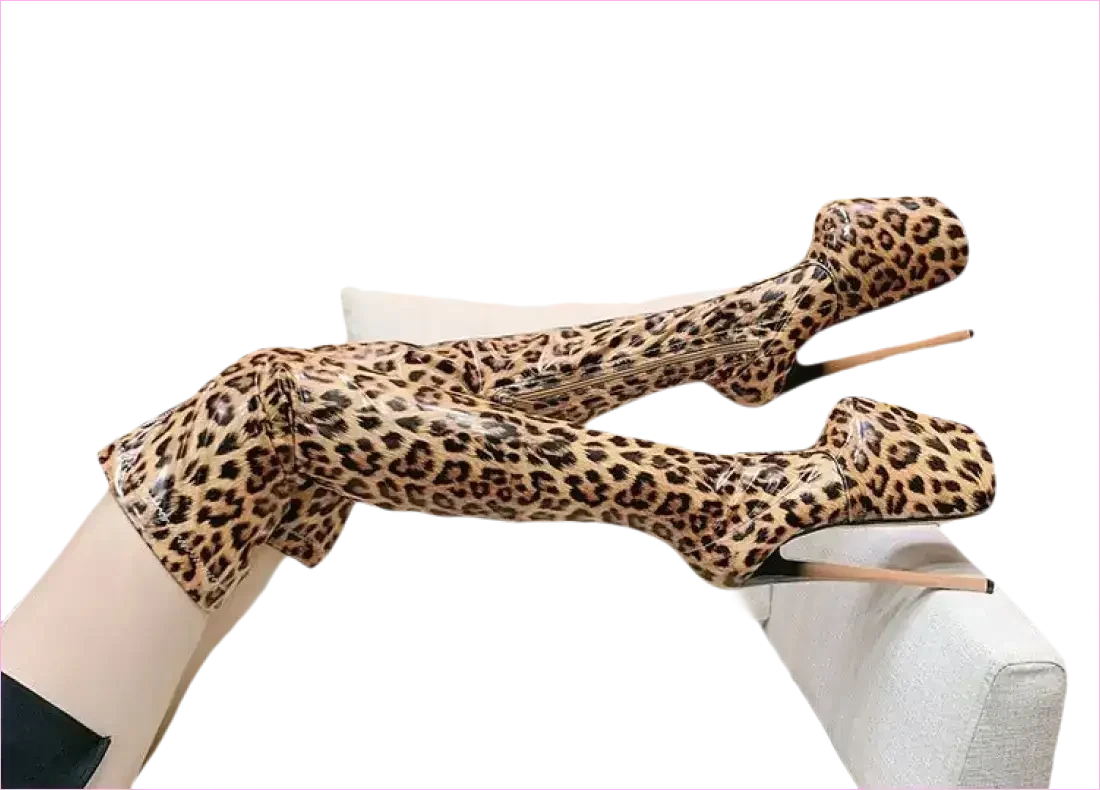 Leopard Print Patent Thigh Length Unisex Boots for Bold Styles - Pleasures and Sins