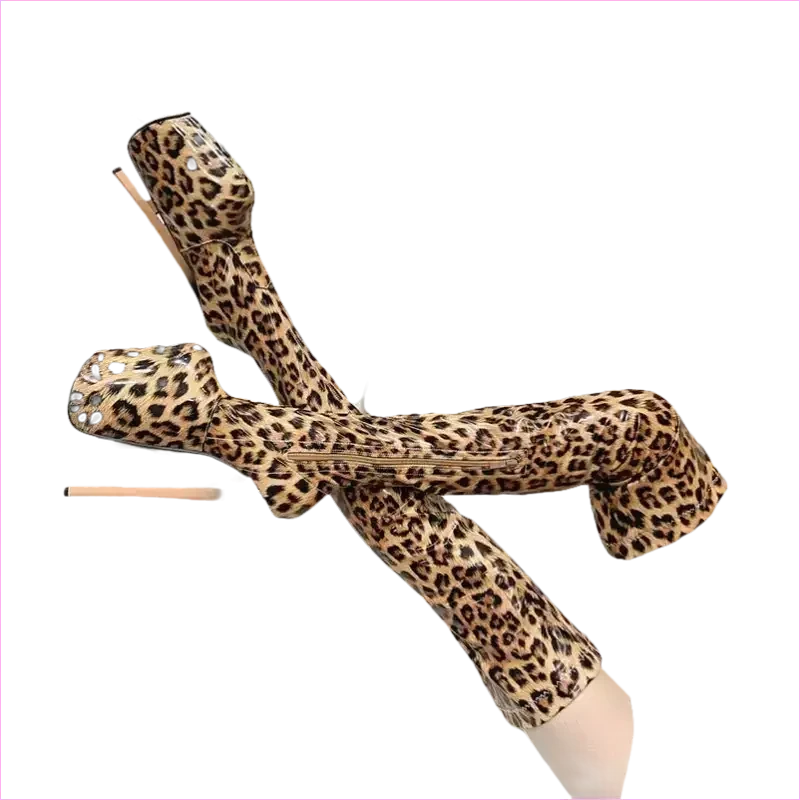 Leopard Print Patent Thigh Length Unisex Boots for Bold Styles - Pleasures and Sins