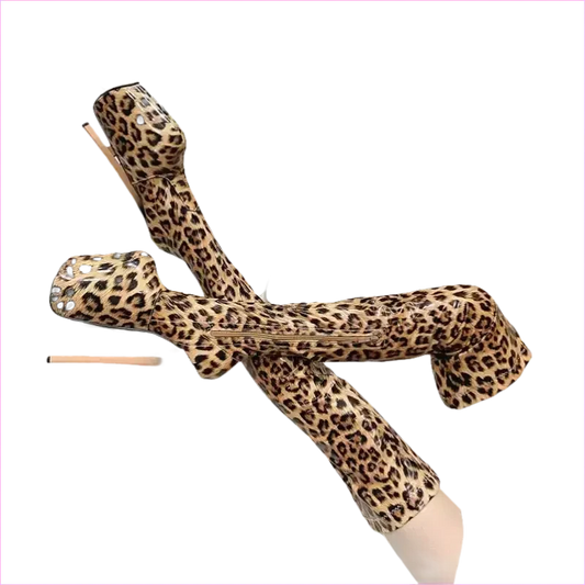 Leopard Print Patent Thigh Length Unisex Boots for Bold Styles - Pleasures and Sins