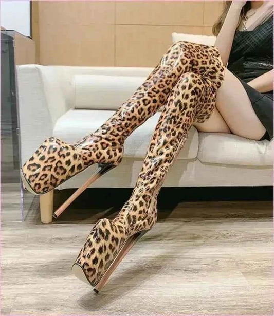Leopard Print Patent Thigh Length Unisex Boots for Bold Styles - Pleasures and Sins