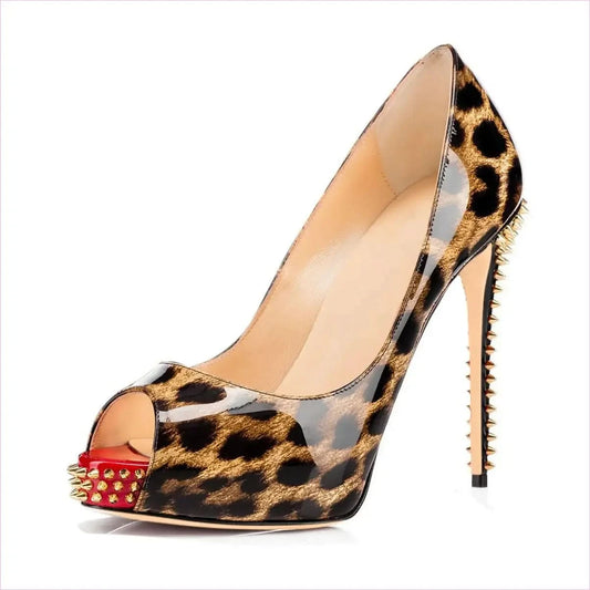 Leopard Print Women’s Peep Toe Studded High Heels - Pleasures and Sins