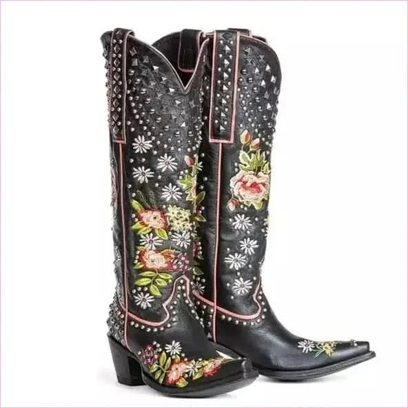 Light Blue Pointed Toe Women’s Ethnic Style Embroidered Studded Boots - Pleasures and Sins