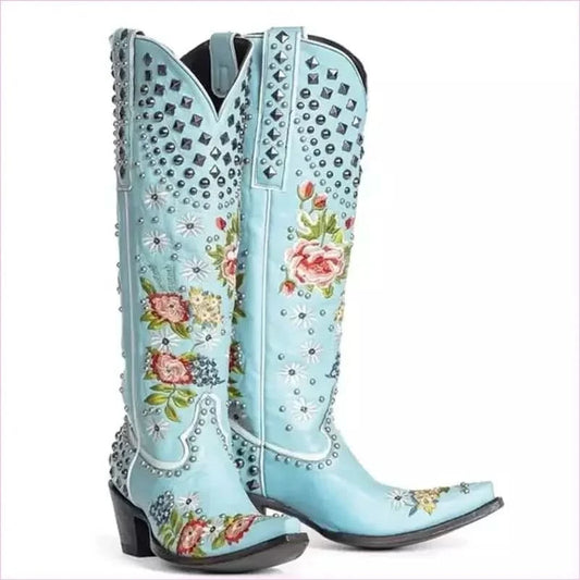 Light Blue Pointed Toe Women’s Ethnic Style Embroidered Studded Boots - Pleasures and Sins
