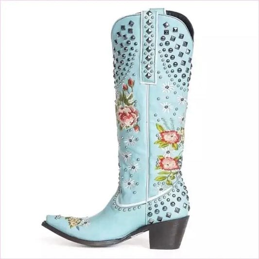 Light Blue Pointed Toe Women’s Ethnic Style Embroidered Studded Boots - Pleasures and Sins