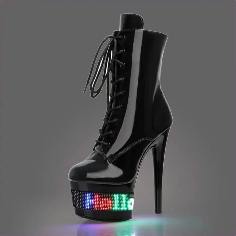 Light Up your Night with Led Display Black Patent High Heel Boots - Pleasures and Sins