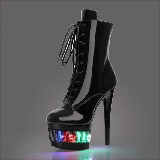 Light Up your Night with Led Display Black Patent High Heel Boots - Pleasures and Sins