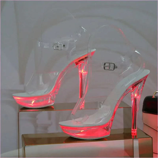 Luminous Stiletto Platform Sheer Model Crystal Sandals in Neon Pink - Pleasures and Sins