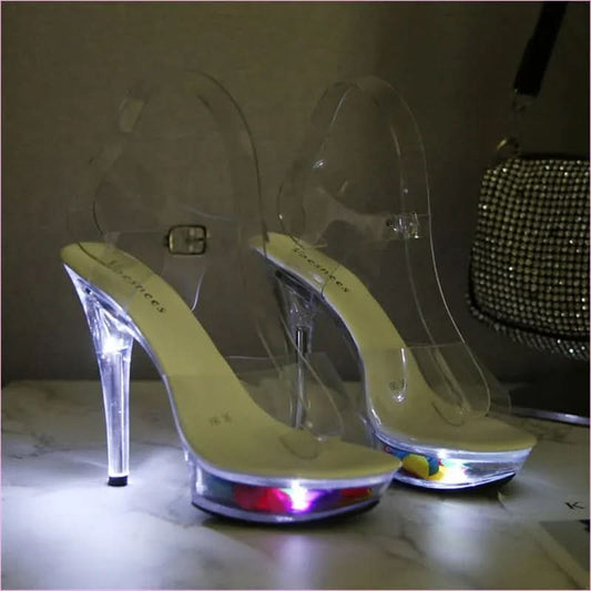 Luminous Stiletto Platform Sheer Model Crystal Sandals in Neon Pink - Pleasures and Sins