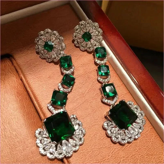 Luxurious Green Square Earrings with Emerald and Diamond Elegance - Pleasures and Sins