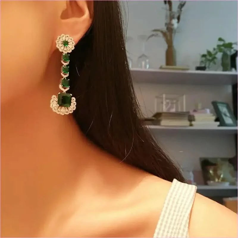 Luxurious Green Square Earrings with Emerald and Diamond Elegance - Pleasures and Sins