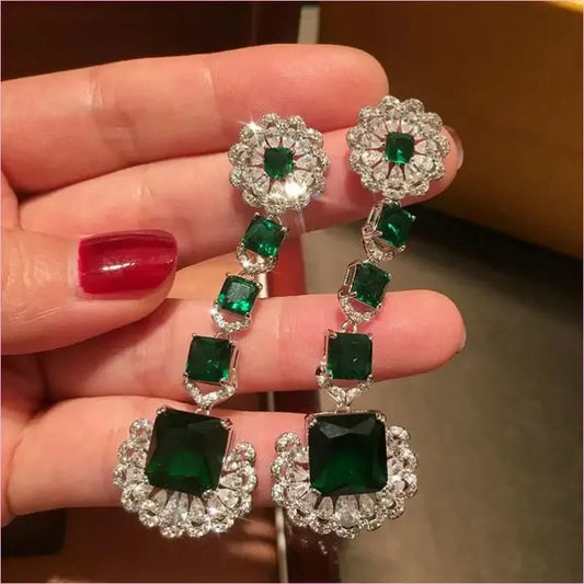 Luxurious Green Square Earrings with Emerald and Diamond Elegance - Pleasures and Sins