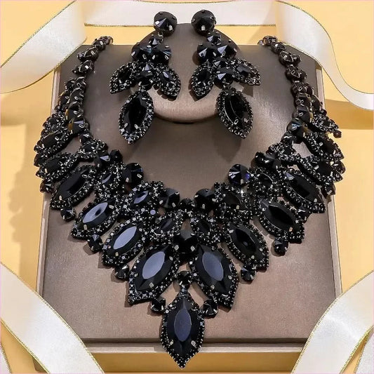 Luxury Black Rhinestone Drag Queen Necklace and Earrings Set - Pleasures and Sins