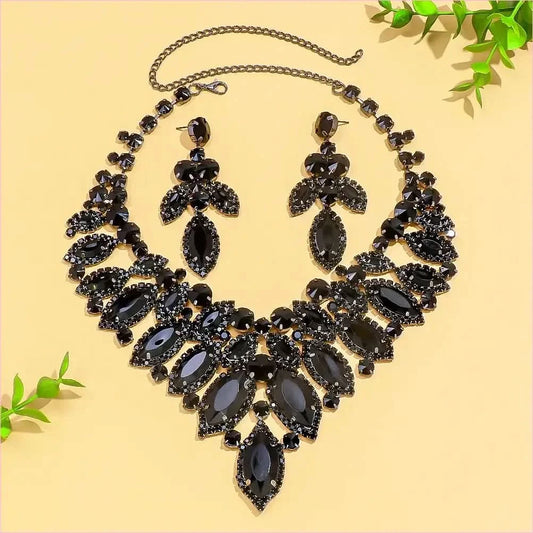 Luxury Black Rhinestone Drag Queen Necklace and Earrings Set - Pleasures and Sins
