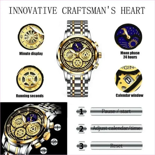 Luxury Mens Quartz Skeleton Waterproof Multifunctional Watch - Pleasures and Sins