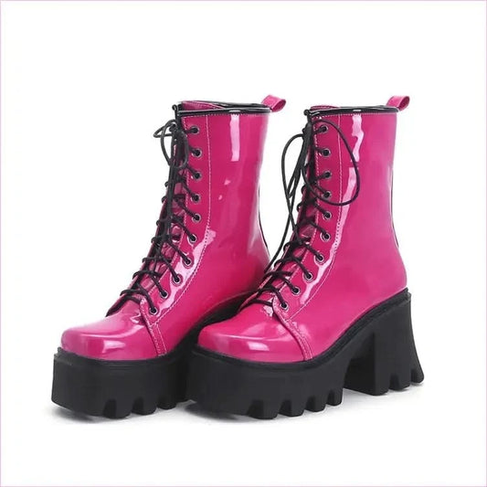 Luxury Patent Boots with Black Soles and Thick Heels - Pleasures and Sins
