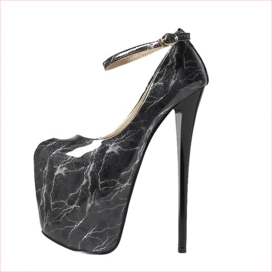 Marbled Black and White High Stiletto Heel Ladies Patent Platform Shoes - Pleasures and Sins