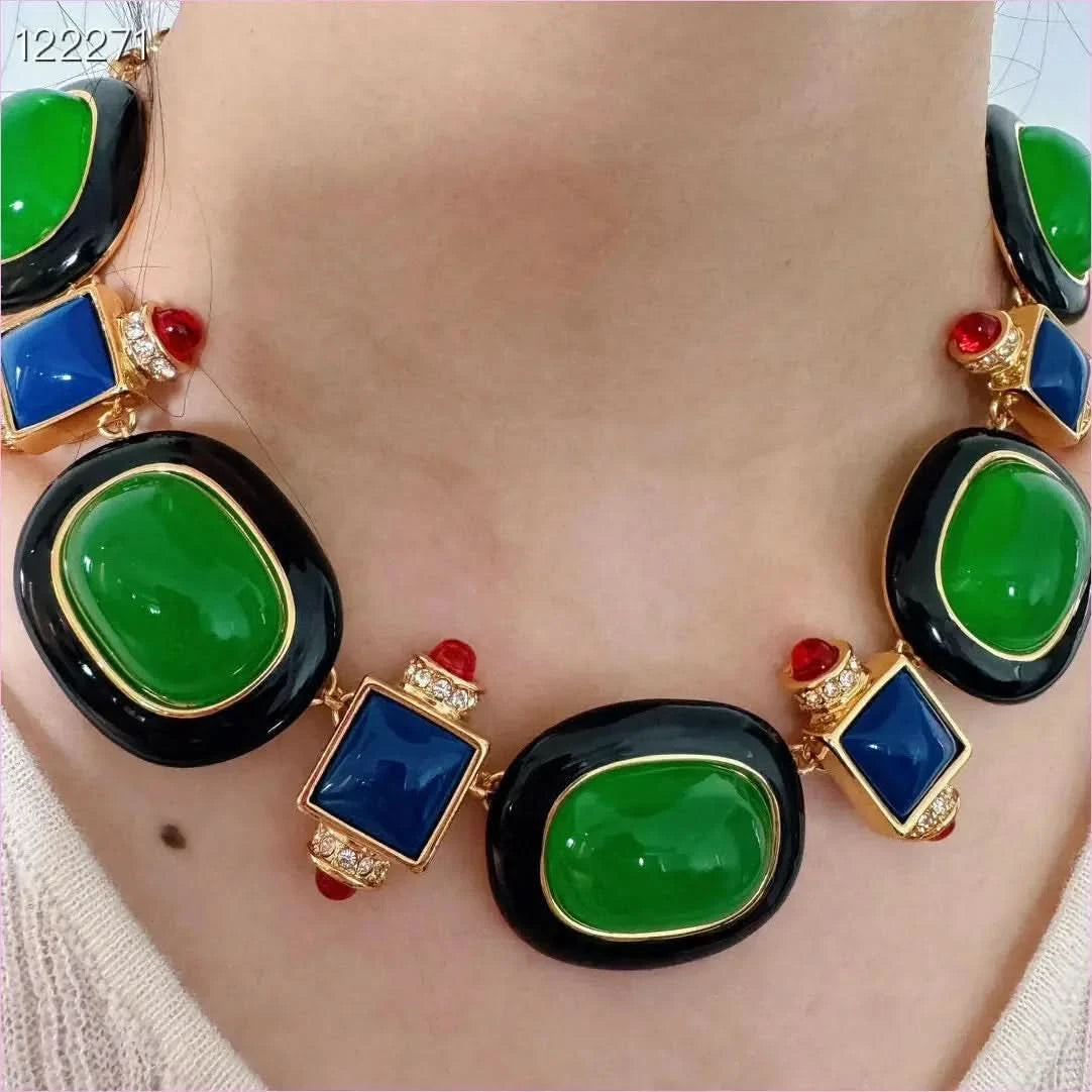 Medieval Retro Emerald Glass Exaggerated Statement Necklace - Pleasures and Sins