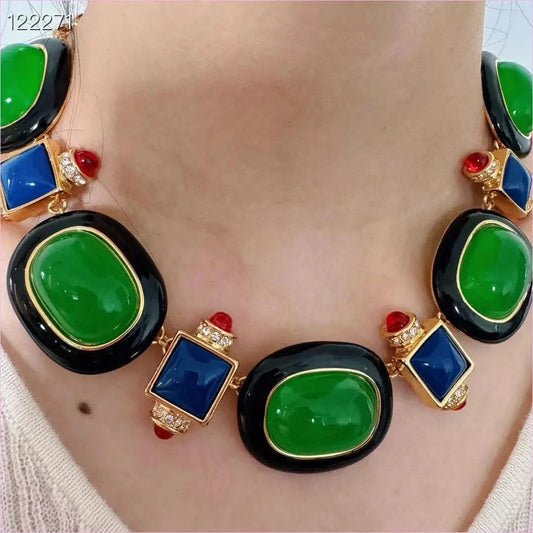 Medieval Retro Emerald Glass Exaggerated Statement Necklace - Pleasures and Sins