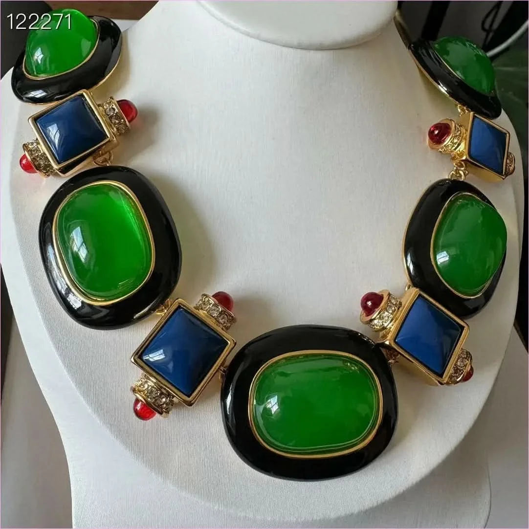 Medieval Retro Emerald Glass Exaggerated Statement Necklace - Pleasures and Sins