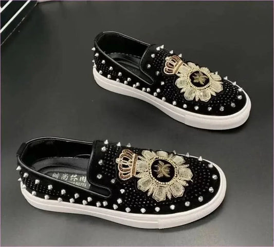 Men's Black Hot Diamond Leather Motif Slip-on Shoes with Gold Embroidery - Pleasures and Sins